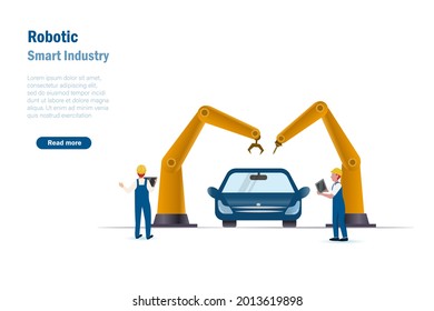 Technical engineers monitor and control rototics automation arms in car automotive production line. Smart factory using artificial intelligence technology to develop industry 4.0 concept. 