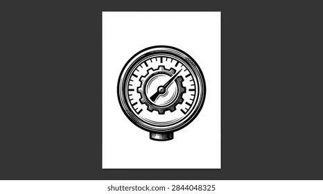 Technical engraving of a pressure gauge or dial, perfect for industrial, engineering, or steampunk-themed designs requiring detailed mechanical elements.