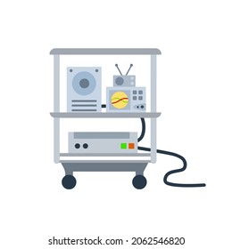 Technical equipment and device. Table with sensors and electronics for scientific work. Laboratory and appliance decorations. Oscilloscope for measuring parameters.
