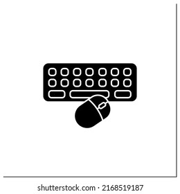 Technical equipment glyph icon. Keyboard and mice for playing video games. Online gaming tools. Cybersport concept.Filled flat sign. Isolated silhouette vector illustration