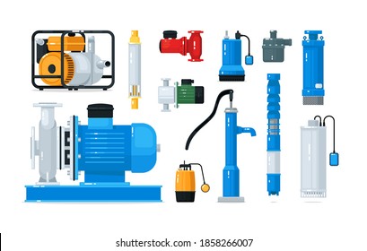 Technical equipment and supply for water pump system set. Electric powered motor or engine, industrial pumping compressor, sewage station appliance vector illustration isolated on white background