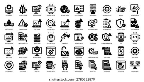 Technical Error icon collection set. System Error,Software Error,Hardware Failure,Network Error icon. Simple glyph vector.