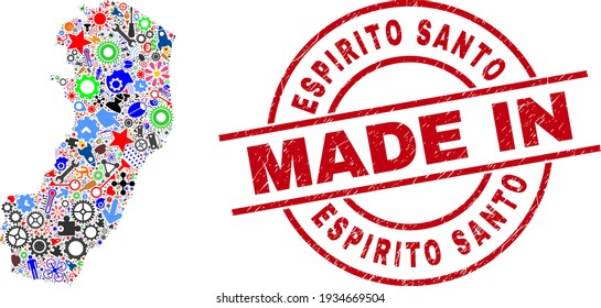 Technical Espirito Santo State map mosaic and MADE IN textured rubber stamp. Espirito Santo State map collage designed with wrenches, gearwheels, instruments, items, cars, electricity bolts, helmets.