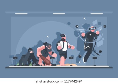 Technical evolution of man. Monkey and homo sapiens, person with smartphone, and in virtual reality. Vector illustration