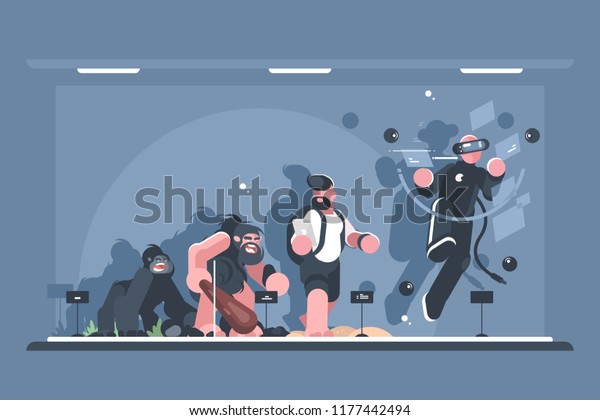 Technical\
evolution of man. Monkey and homo sapiens, person with smartphone,\
and in virtual reality. Vector\
illustration