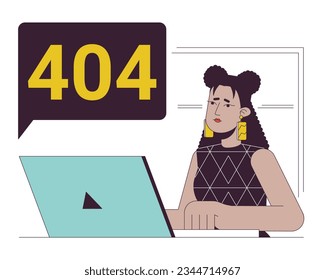 Technical failure for remote worker error 404 flash message. Empty state ui design. Tech issue on laptop. Page not found popup cartoon image. Vector flat illustration concept on white background