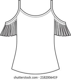 Technical fashion design. Womens blouse with straps and fringe detail on the sleeves