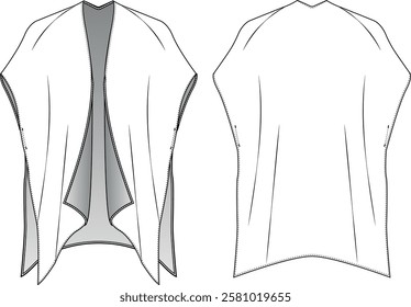Technical Fashion Drawing: Front and Back Views of Women’s Open-Front Poncho, Cardigan with Side Slits, and Minimalist Construction Detailing