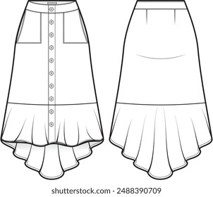 Un dibujo técnico para una falda de salmonete con Botones y bolsillos en la parte delantera y dardos en la parte trasera. La falda de salmonete se caracteriza por ser más corta en la parte delantera y más larga en la parte trasera.