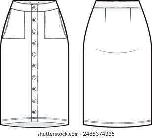 Un dibujo técnico para una falda recta con Botones y bolsillos en la parte delantera y dardos en la parte trasera.