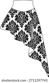 Plano de moda técnica: Mini saia assimétrica com impressão Damask e drapeado apontou a haste