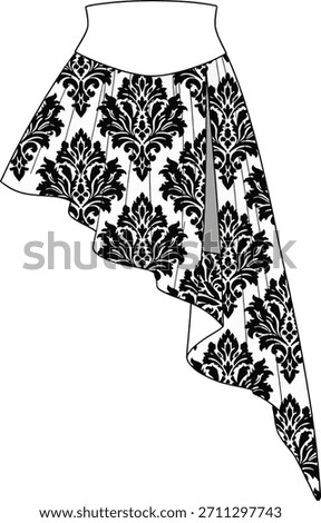 Technical Fashion Flat: Asymmetrical Mini Skirt with Damask Print and Draped Pointed Hem