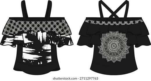 Moda técnica plana: Preto frio ombro superior com abstrato pincelada e Mandala imprimir painéis