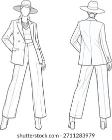 Technisch Fashion Flat: Zweireihiger Anzug mit breitbeiniger Hose, passender Blazer und Fedora-Hut