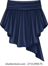 Plano de moda técnica: Mini saia de alta cintura com cobertura assimétrica de ruffle e cauda drapeada