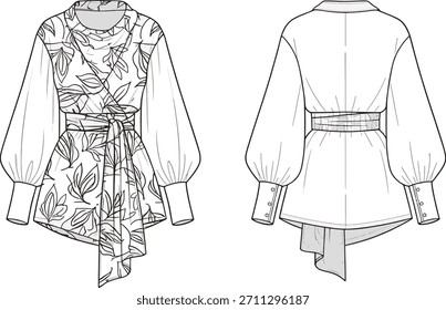 Moda técnica plana: Top de abrigo con estampado de hojas con mangas voluminosas y dobladillo drapeado asimétrico