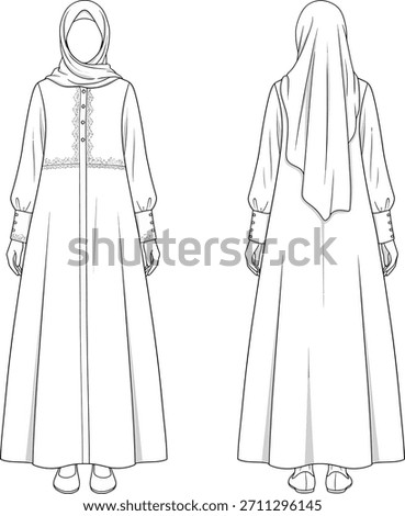 Technical Fashion Flat Modest Abaya Dress with Front Button Placket, Lace Trim, and Hijab