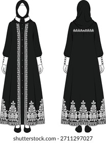 Moda técnica plana: modesta abaya negra con bordado floral blanco y cuello de soporte de contraste