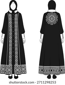 Piso de moda técnica: Modesto abrigo negro de Abaya con bordado blanco geométrico y cuello de mandarín