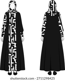 Piso de moda técnica: Modesto abrigo negro de Abaya con el panel Abstractas blanco atrevido de la impresión de la pincelada