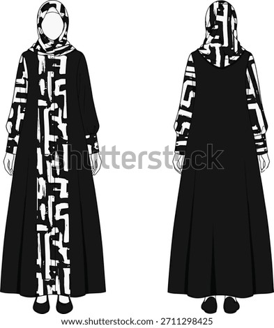 Technical Fashion Flat: Modest Black Abaya Coat with Bold White Abstract Brushstroke Print Panel