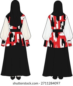 Técnica moda plana: Túnica modesta e saia com impressão abstrato pincelada e contraste preto