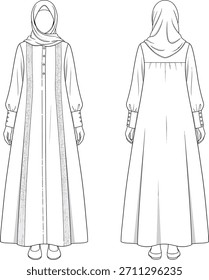 Chaqueta técnica de moda plana: Modesto abrigo blanco de Abaya con paneles de impresión Paisley tonal y cierre frontal de Botón
