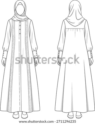 Technical Fashion Flat: Modest White Abaya Coat with Tonal Paisley Print Panels and Button Front Closure