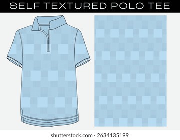 Technical fashion flat of a men’s short-sleeve polo tee featuring a jacquard self-textured check pattern. Includes collar, half zip placket, and double-needle stitched hems
