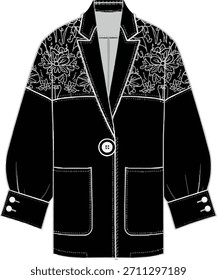 Technical Fashion Flat: Single-Breasted Blazer with Voluminous Sleeves and Floral Embroidery Yoke