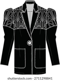 Technical Fashion Flat: Single-Breasted Blazer with Art Deco Geometric Print Sleeves and Puff Shoulders