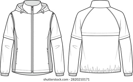 A technical fashion flat sketch featuring front and back views of a hooded windbreaker jacket with a high collar zipper, armpit ventilation panels, side pockets, and elastic cuffs. Ideal for apparel tech packs, sportswear CAD templates, garment production line sheets, and outdoor outerwear design mockups.