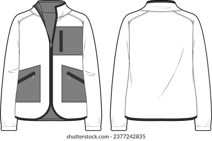 Technical fashion flat sketch of fleece jersey jacket. Relaxed fit outerwear. Ragran long sleeve, standup collar and zip closure. Color block pockets.
Soft shell jacket vector mock up Template. 