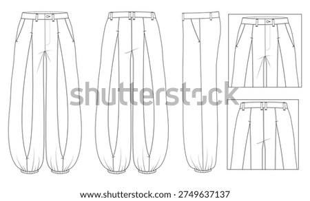 Technical Fashion Flat Sketch Pleated Balloon Pants and High-Waist Flared Trousers with Front, Back, and Side View Detail Templates