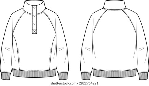 Technical fashion flat sketch of a raglan sleeve pullover sweatshirt featuring a stand collar, half snap button placket, and side zipper pockets. This blank vector drawing template includes front and back views, ideal for activewear tech packs, apparel design, and garment manufacturing.