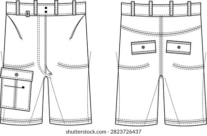 A technical fashion flat sketch showing the front and back views of cargo shorts with belt loops, a large side cargo pocket, and back welt pockets. Suitable for fashion design portfolios, clothing production specs, apparel catalogs, and workwear or streetwear presentations.