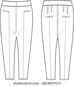 A technical fashion flat sketch showing the front and back views of slim fit tapered pants with a fitted waistband, front welt pockets, back darts, and welt pocket detailing. Suitable for clothing design portfolios, fashion illustration references, and tailored apparel technical documentation.