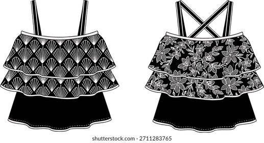 Technisch Fashion Flat: Tiered Rüschen Crop Top mit Shell und floralen Stickerei Prints, Dual Back Strap Design