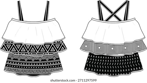 Technisch Fashion Flat: Gestaffeltes Rüschen Crop Top mit Tribal und geometrischen Schwarz-Weiß-Prints