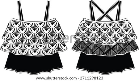 Technical Fashion Flat: Tiered Ruffle Crop Top with Shell Print and Geometric Band Detail, Crisscross Back