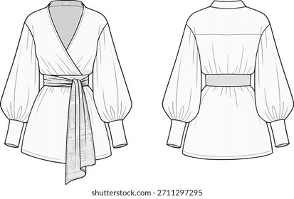 Moda técnica plana: Top envolvente de manga voluminosa con escote en V y cinturón de autoamarre fluido