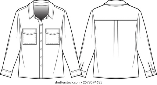 Technical Fashion Illustration of a Casual Long-Sleeve Button-Down Shirt – Front and Back Views