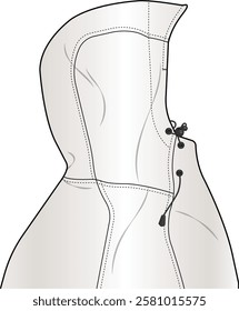 Technical Fashion Illustration: Close-Up Profile View of Hooded Jacket with Adjustable Drawstring, Seam Detailing, Cord Locks, and Smooth Light Gray Texture