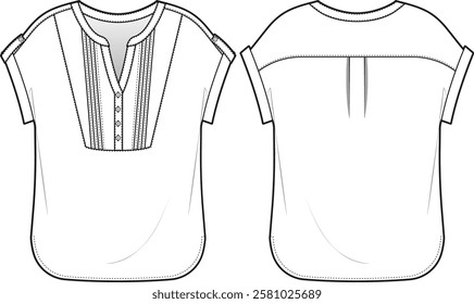 Technical Fashion Illustration: Front and Back Views of Women’s Short-Sleeved Blouse with V-Neck, Pleated Bodice, Cuffed Sleeves, and Detailed Construction Lines