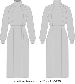 Technical fashion illustration: high collar maxi dress with waist tie, jersey, front and back view, women's CAD, gray, flat drawing template.