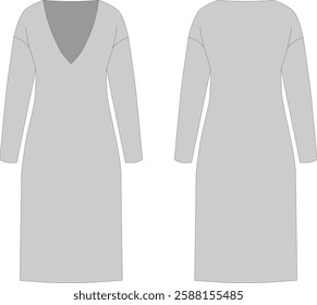 Technical fashion illustration: long sleeve fitted midi dress, jersey, front and back view, women's CAD, gray, flat drawing template.