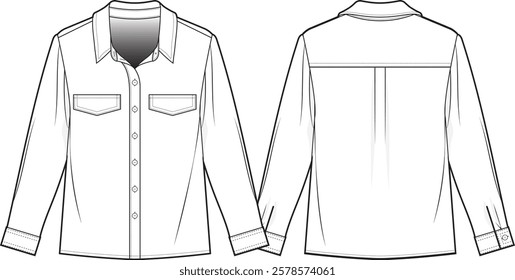 Technical Fashion Illustration of a Long-Sleeved Button-Down Shirt – Front and Back Views