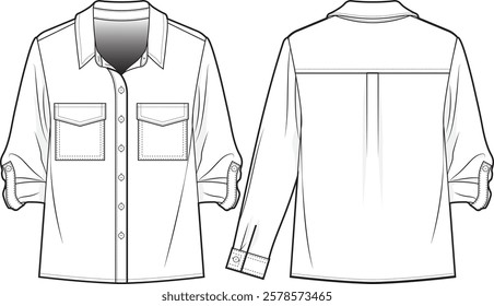 Technical Fashion Illustration of an Oversized Women's Button-Down Shirt Jacket