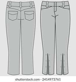 Technical fashion illustration pants and shorts set with regular low waist, high rise, mini midi maximum length, pockets. Flat garment template for pants front, back, gray color. Women, men make fun o