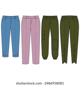 Pantalones y pantalones cortos de ilustración de moda técnica con cintura baja regular, gran altura, mini midi longitud máxima, bolsillos. Plantilla plana para la parte delantera, trasera, color gris. Las mujeres, los hombres se burlan